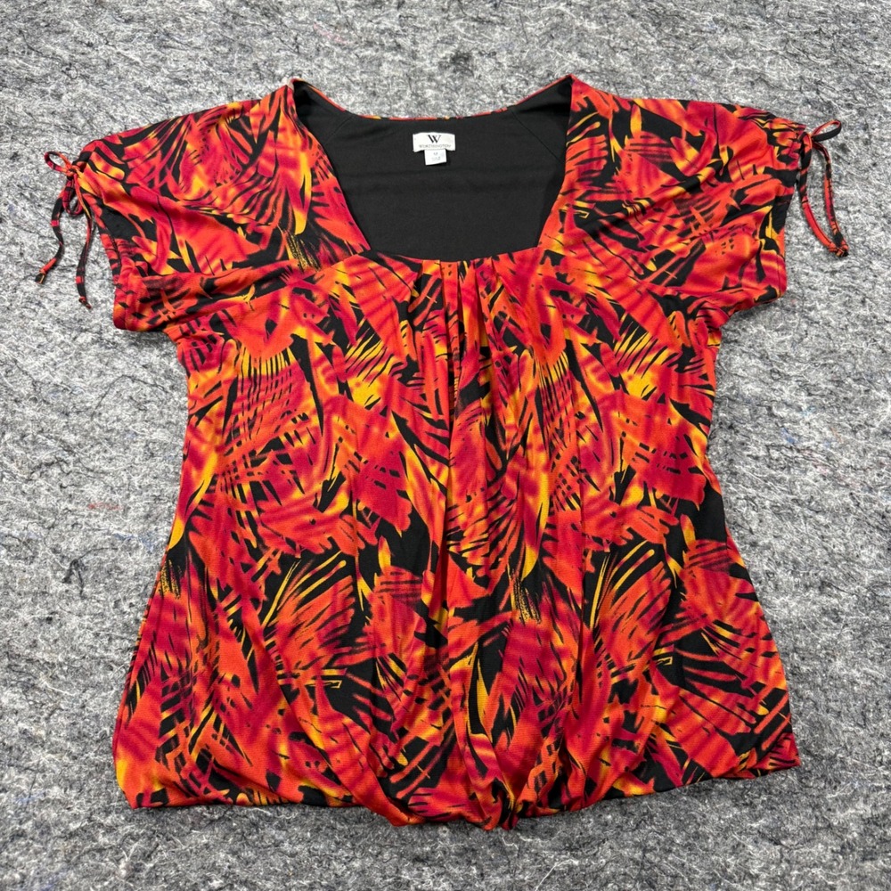 Worthington Red Orange Tropical Palm Print Square Neck Bubble Hem Blouse M